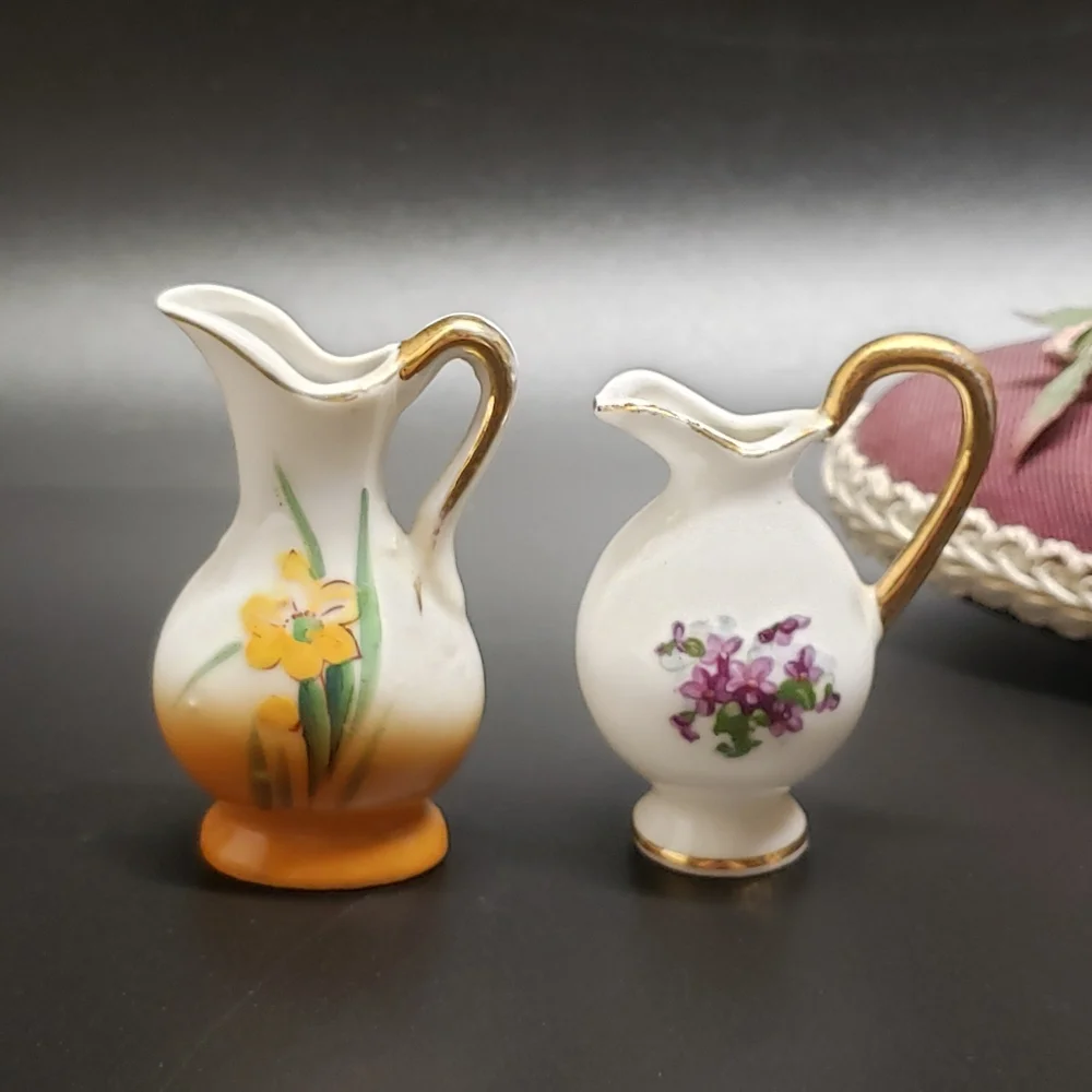 2 Vintage Mini Hand Painted Flower Creamer Vases, Made in Japan & Bone China